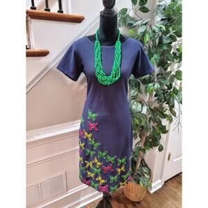 Custom Blue Butterfly Polyester Round Neck Short Sleeve Knee Length Dress M